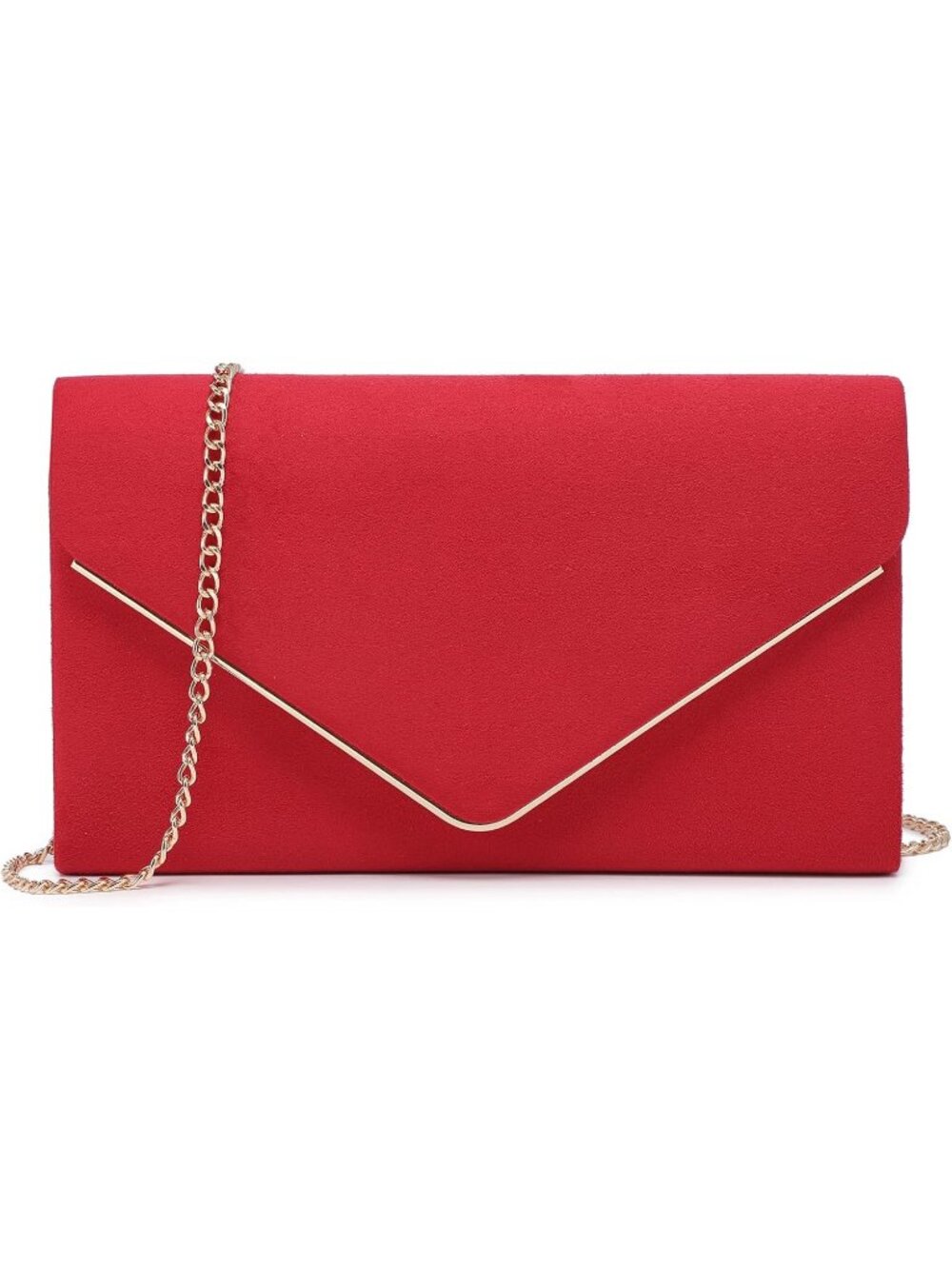 Women's Red Faux Suede Clutch Purse Golden Chain Strap Evening Shoulder Bags